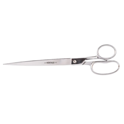 Stainless steel bent trimmer scissors with asymmetrical handle loops and pointed blades, commonly used in industrial environments.