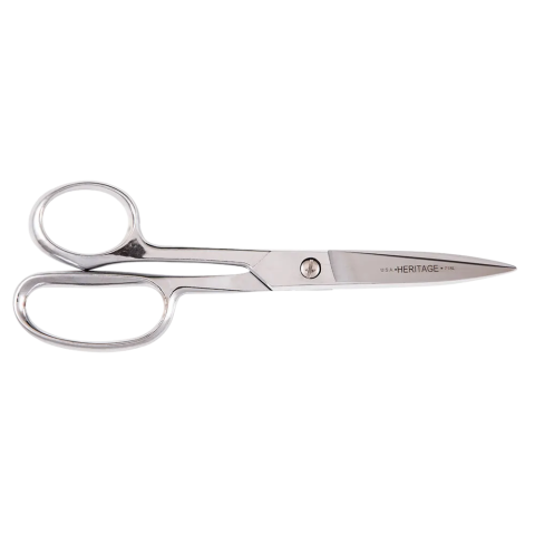 8 5/8-inch left-handed heavy-duty shear with polished silver blades engraved 'HERITAGE 776S U.S.A.' and offset finger loops for left-hand use. Designed for industrial and textile cutting tasks, this shear features a durable build and precision-ground blades for clean, controlled cuts.