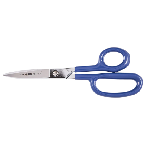 8 5/8-inch heavy-duty scissors with curved blue handles and etched stainless steel blades marked 'U.S.A. HERITAGE™ - 776LR'. Designed with a large bottom ring for enhanced grip and control, these scissors are built for high-leverage cutting in industrial and fabric applications.