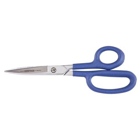 "8 5/8-inch heavy-duty scissors with blue textured handles and etched stainless steel blades marked 'U.S.A. HERITAGE – PHILADELPHIA'. Designed with a large bottom ring for enhanced grip and control, these scissors are built for high-leverage cutting in industrial, textile, and professional applications.