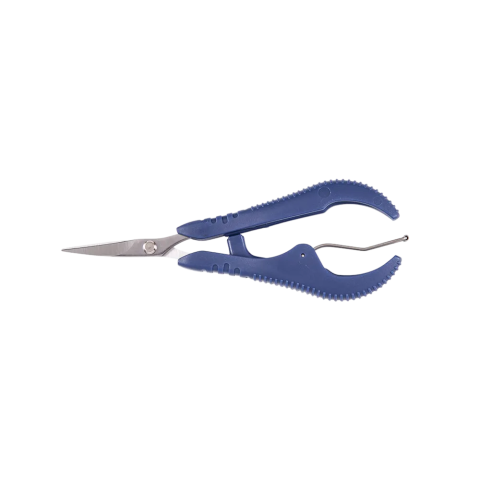 4 7/8-inch auto-return snip with curved stainless steel blades and blue textured plastic