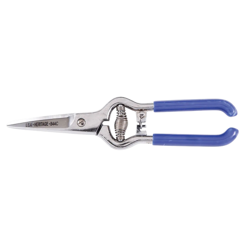 8 1/4-inch spring-action snip with pointed stainless steel blades and blue plastic-coated handles. Features a built-in spring mechanism for automatic blade reopening, enhancing comfort and efficiency during repetitive cuts. Blade is engraved with 'USA-HERITAGE-844C', indicating brand and model. Ideal for industrial use on wire, fabric, and light metals