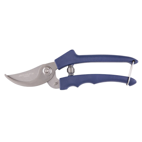 A pair of pruning shears with blue cushioned handles, a curved cutting blade, and a flat counter blade. A metal spring between the handles enables automatic reopening, and a safety latch secures the shears when closed. Designed for precise trimming of plant stems and branches