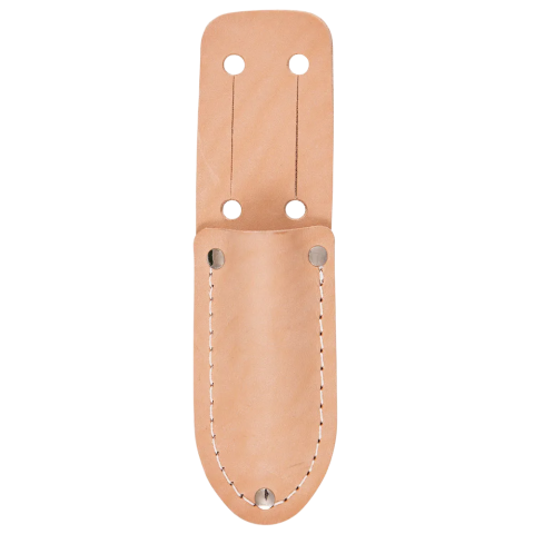 Tan leather tool sheath with stitched edges, metal rivets, and multi-hole top flap for secure attachment.