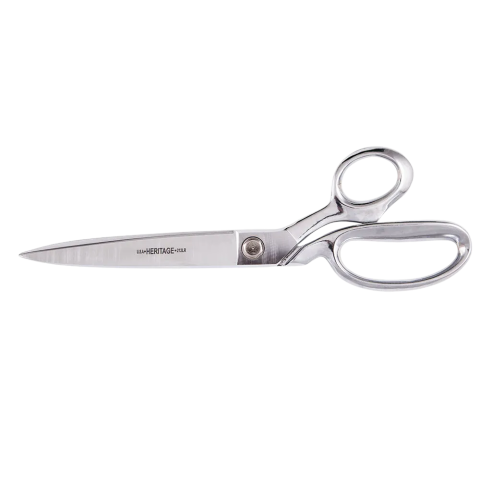 A 12-inch bent trimmer made of polished metal, engraved “HERITAGE USA P212LR,” featuring long blades and a large ring handle for high-leverage textile trimming.