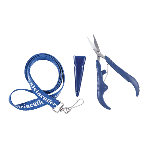 Tool set including blue-handled ergonomic scissors with curved grips, a matching blue plastic blade sheath, and a blue lanyard with a metal clip